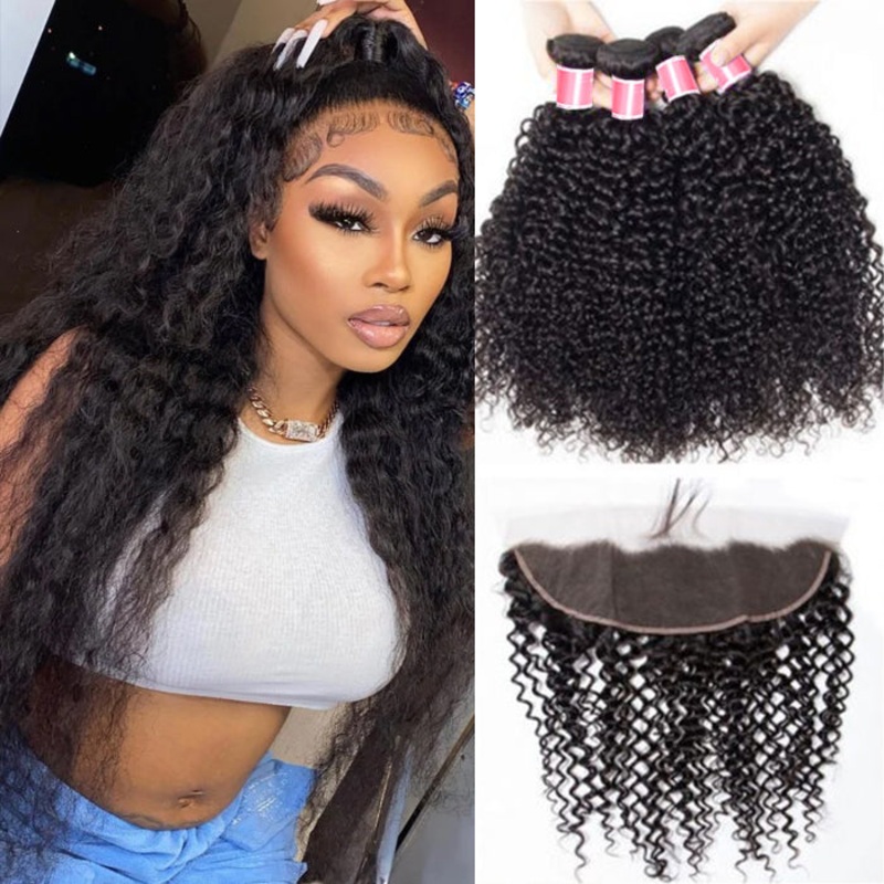 Brazilian Curly Hair 4 Bundles with 13*4 Lace Frontal Virgin Human Hair 10 10 12 12+8