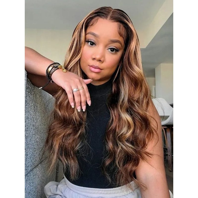 CurlyMe Highlights Ombre Human Hair Wigs Body Wave Transparent Lace Wigs Pre Plucked 13×4 180% 10