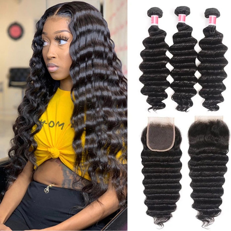 Malaysian Loose Deep Wave 3 Bundles with 4*4 Closure Soft Unprocessed Virgin Human Hair 12 12 12+10 Free Part