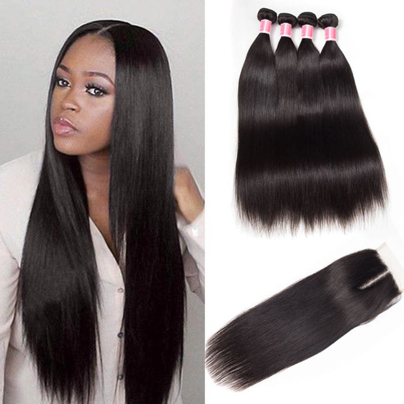 Malaysian Straight Hair 4 Bundles With 4×4 Lace Closure Human Hair Closure With Bundle Deals 10 10 12 12+8 Free Part