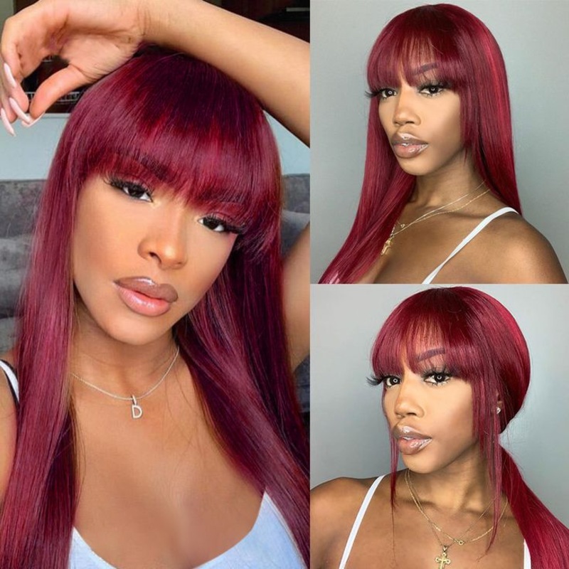 QVR 99J Burgundy Color Machine Made Wig With Bangs Stright Human Hair Wigs No Lace Machine Made Wig (No Lace) 150% 14”
