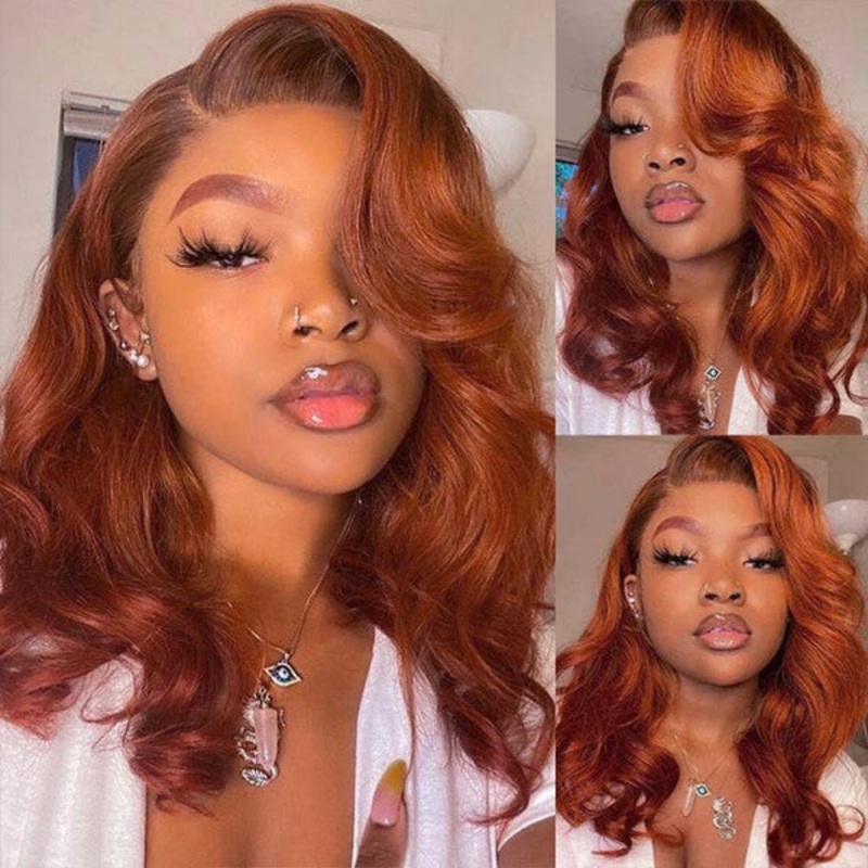 QVR Copper Brown 13×4 Lace Front Body Wave Wig Ginger Brown Pre plucked Hairline Human Hair Wigs 13×4 Lace 14