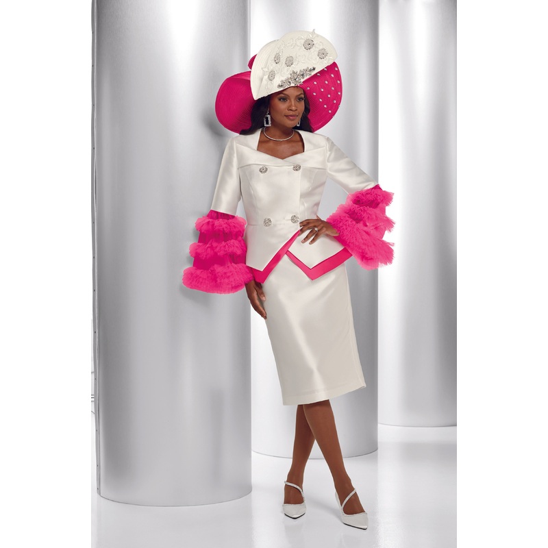 Sensational Sleeves Women’s Suit by Lisa Rene Black Label WHITE/FUCHSIA 18