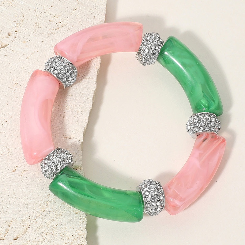 Stone Paved Ring Celluloid Acetate Bar Beaded Stretch Bracelet Pink&Green