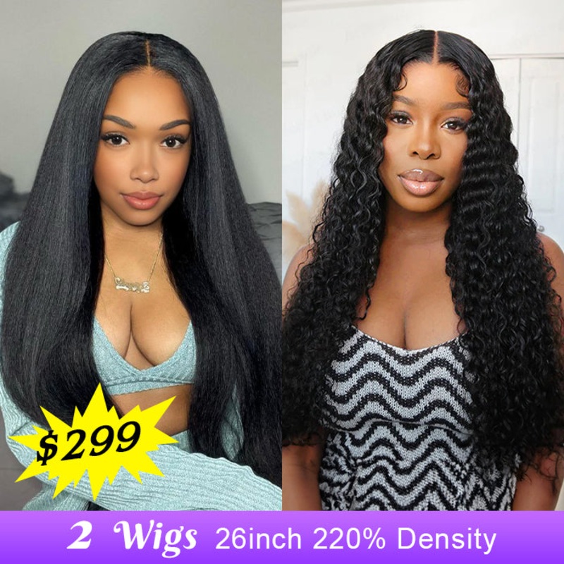 [2Wigs 26inch] Kinky Straight & Deep Wave 3S Quick Intall Pre Everything Ready To Go Glueless Wig Kinky Straight Wig – 26inch 220% – 8×5 Pre Everything Deep Wave Wig – 26inch 220% – 8×5 Pre Everything