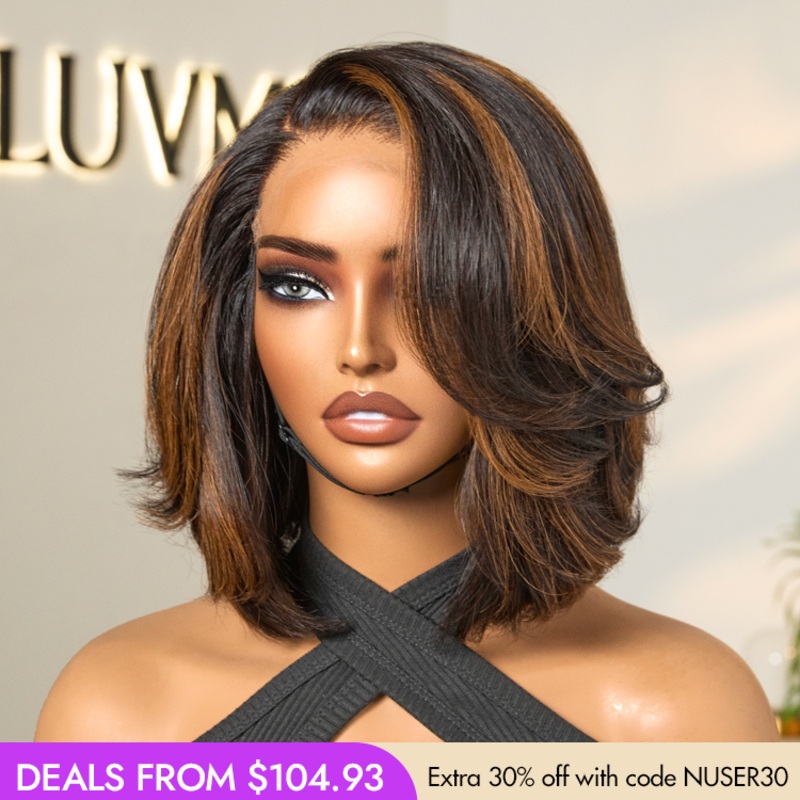 New Customers Only | Trendy Brown Highlight Layered Bob Blowout Glueless 5×5 Lace Closure Wig 100% Human Hair Pre-Cut Lace 10 (Pre-order | 3-Day Crafting)