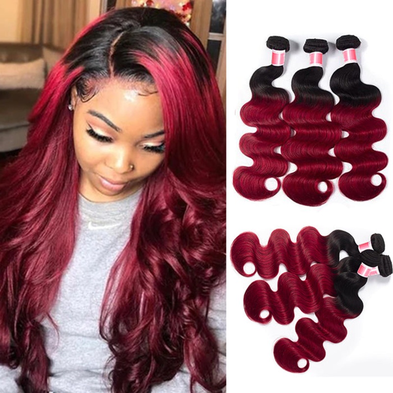 Ombre T1B/99J Brazilian Virgin Body Wave 3/4 Bundles 10A Burgundy Human Hair Weave 10 10 10