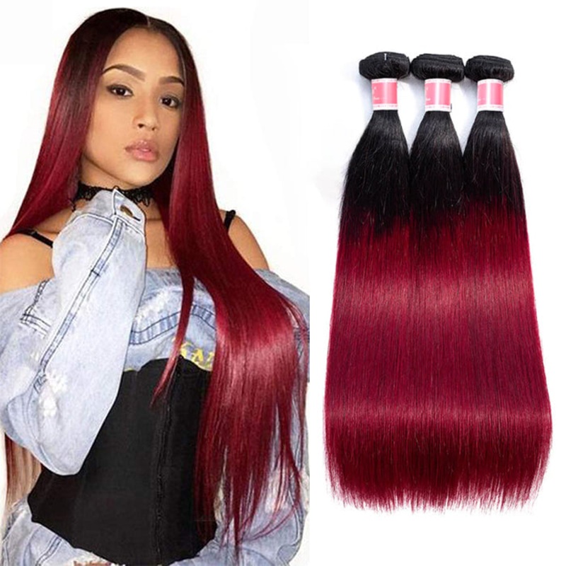Ombre T1B/99J Brazilian Virgin Straight Hair 3/4 Bundles 10A Burgundy Human Hair Weave Extension 10 10 10