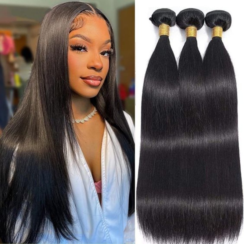 QVR Unprocessed Silk Straight Human Hair Bundles 3 Bundles Natural Color Hair Weave 8”8”8” 10A Human Virgin Hair