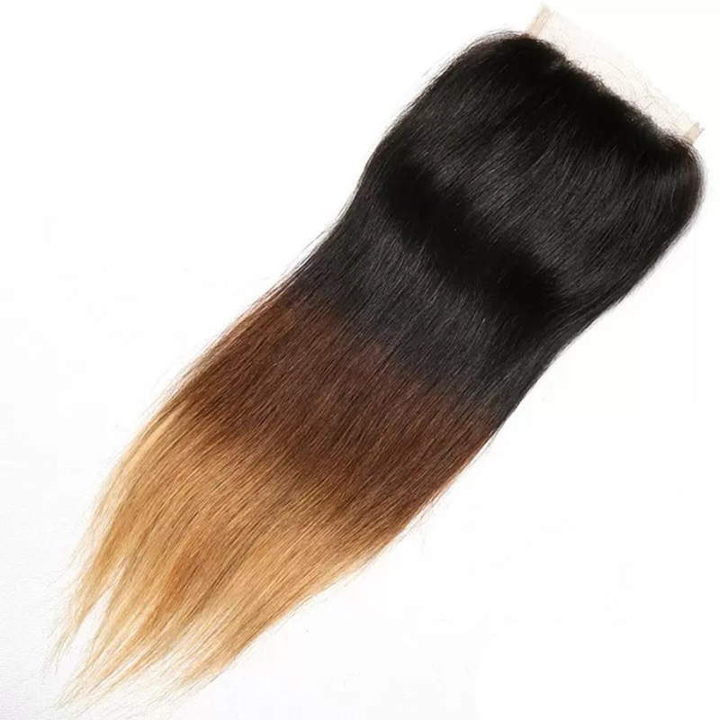 T1B/4/27 Ombre Straight Hair Free Part 4×4 HD Transparent Lace Closure Virgin Human Hair 10 Medium Brown Lace Free Part