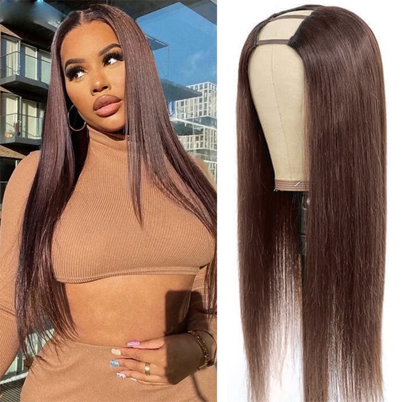 #4 Chocolate Brown Straight V/U Part Wig No Leave Out Glueless Human Hair Wigs Beginner Friendly 12 V Part 150%