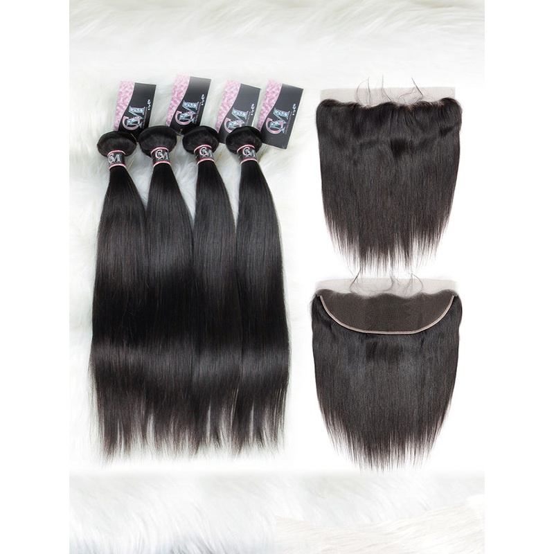 CurlyMe Straight Virgin Human Hair 4 Bundles with 13×4 Frontal Natural Black 8 8 10 10 13×4 Frontal 8