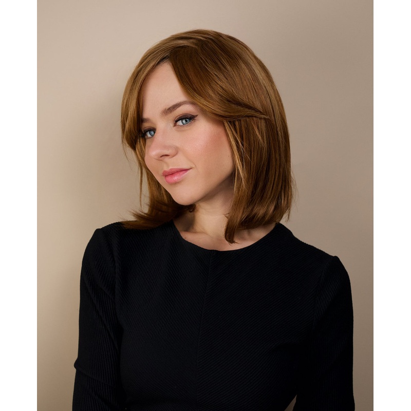 human hair wig with side bangs – 12″ light brown.