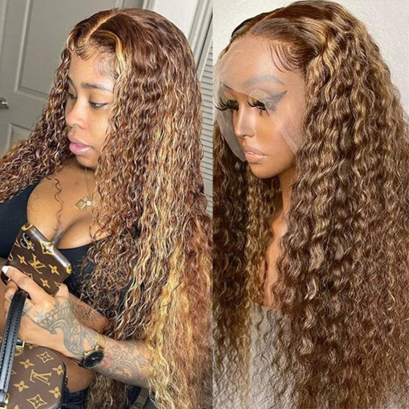 QVR Highlight Curly Wig Human Hair Wigs 13×4 Transparent Lace Front Wig Honey Blonde Color 8 150%