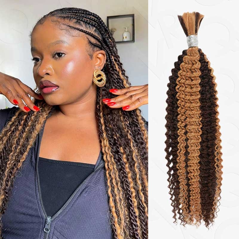 QVR Highlight P4/27 Kinky Curly Bulk Hair Extensions for Boho Knotless Braiding 3 Packs (Full Head) 12”