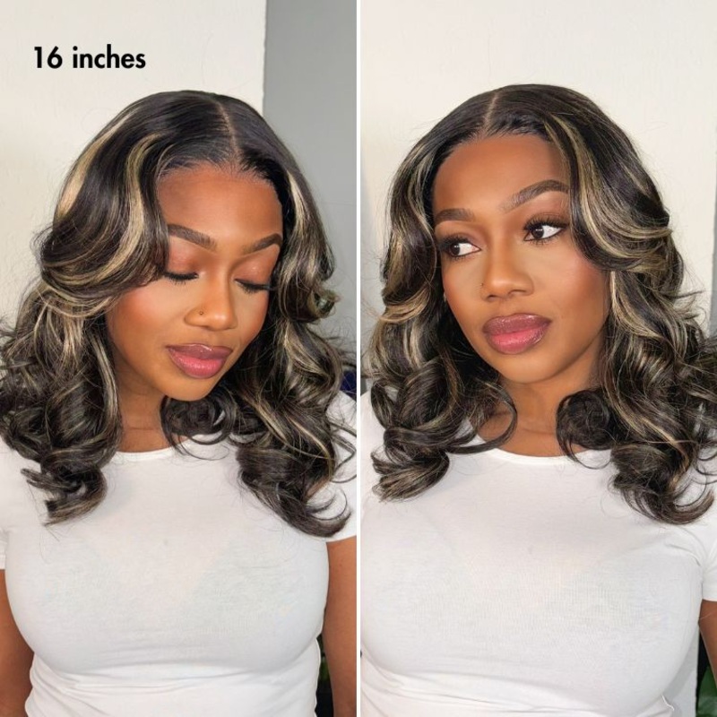 VIP DAY ONLY | 16 Inches Curtain Bangs Blonde Highlight Loose Wave Glueless 5×5 Closure Pre-Cut Lace Wig All Head Sizes Fit Cap  -US Only 16