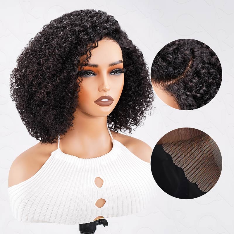 QVR Short Cut Curly Human Hair Minimalist Lace Glueless Side Part Wig C Lace Part 12” Curly