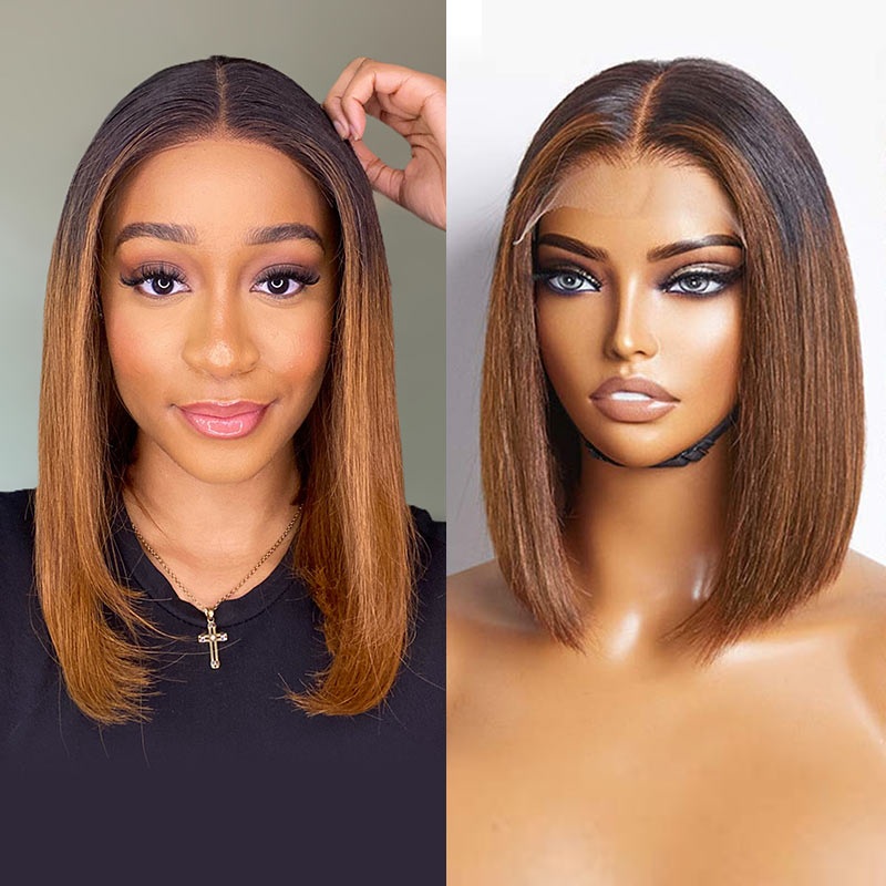 BOGO|Straight Ombre Brown Blunt Cut 4×4 Short Bob Wigs Straight 4×4 Lace (Pre-cut) 10