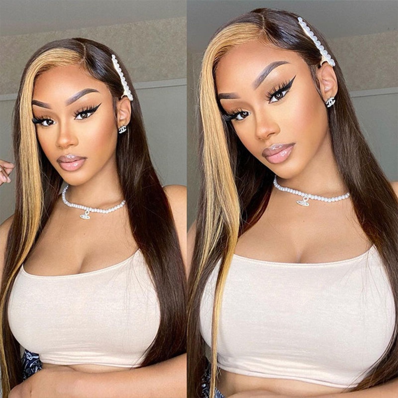 Brown Hair With Honey Blonde Highlight Streaks Wigs Straight & Body Wave 13×4 HD Lace FrontHuman Hair 16 Straight 13*4 150%