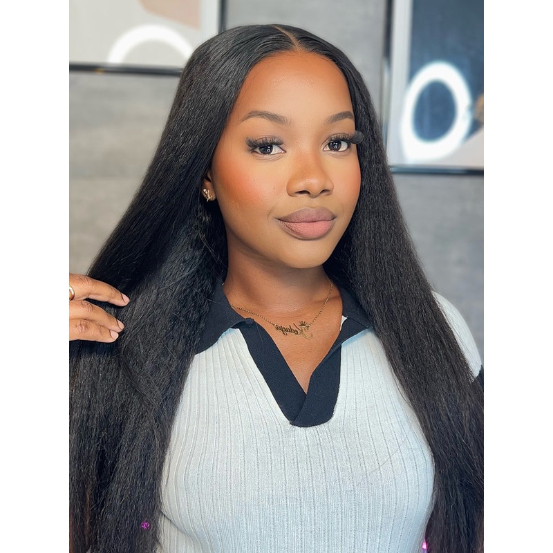 CurlyMe Pre-bleached Yaki Straight Hair Wear Go Glueless Wig 7×5 Pre-cut HD Lace Pre-plucked 7×5 HD Lace 180% 8(bob)