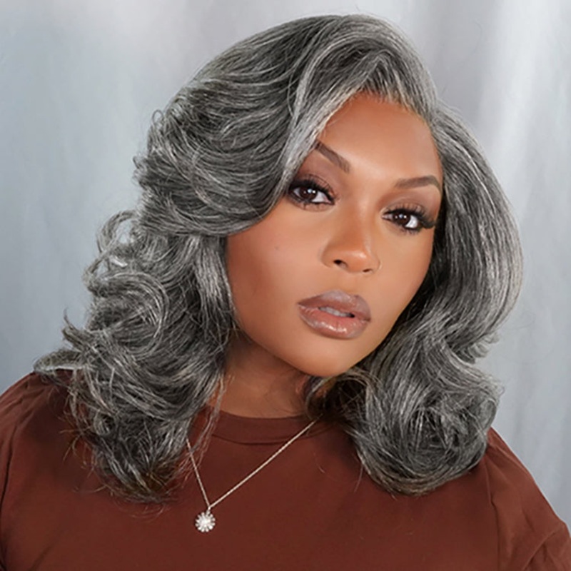 Layered Blowout Salt and Pepper Glueless Grey Wig Minimalist HD Lace Shoulder Length Wavy Wig 12 No