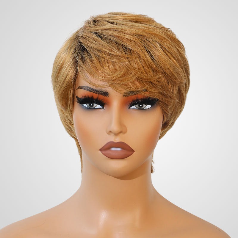 QVR Ombre Brown Blonde Short Human Hair Wig Machine Made Wigs 10” Machine Made Wig