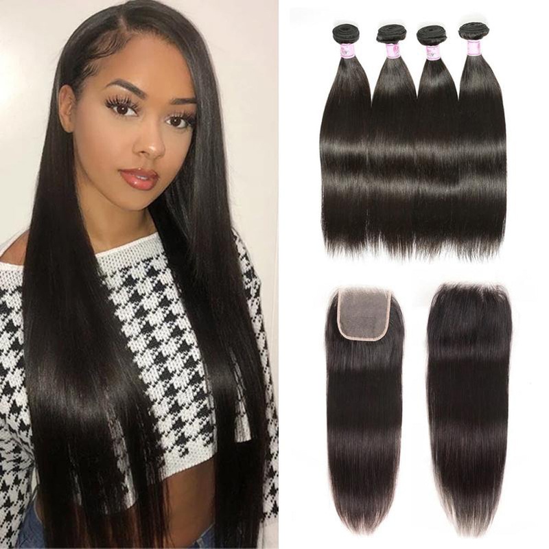 QVR Remy Human Hair Straight Hair 4 Bundles With 4×4 Lace Closure Natural Color 10″10″10″10″+10″