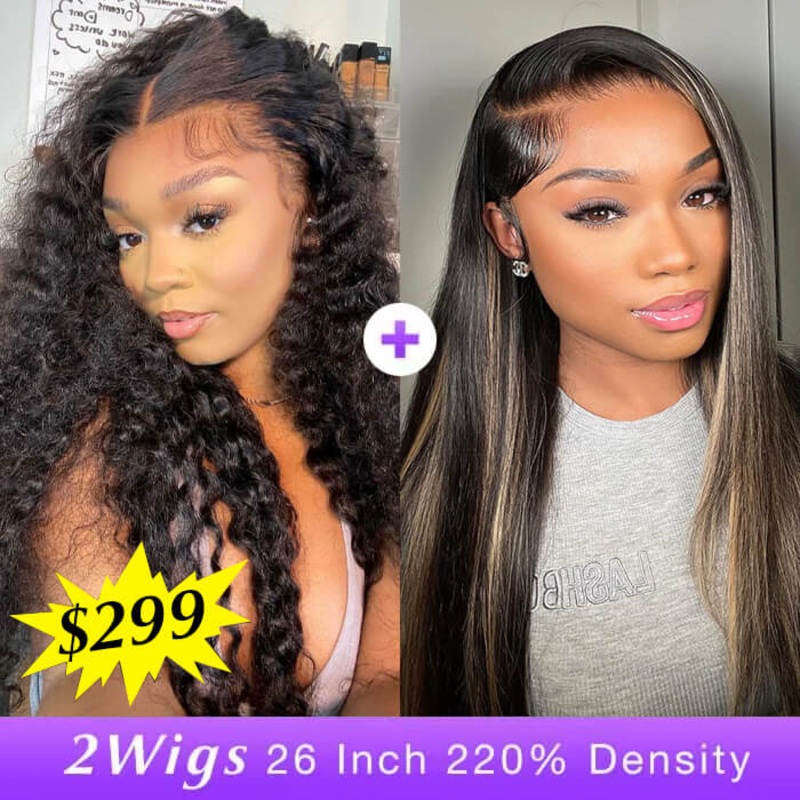 [2Wigs 26inch] Pre-Everything Deep Wave + Straight #1b/27 Highlight Glueless Wig Deep Wave Wig – 26inch 220% – 8×5 Pre Everything Highlight Straight Wig – 26inch 220% – 8×5 Pre Everything