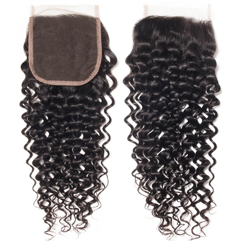 4×4 HD Transparent Lace Closure Curly Human Hair Closure Natural Black Hair Top Swiss Lace 12 Medium Brown Lace Free Part