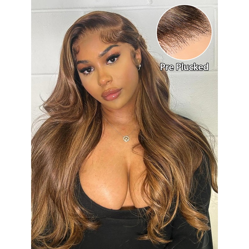CurlyMe 4/27 Highlights Ombre Wear Go Body Wave Glueless Wigs Pre Cut Lace Wig 8(bob)