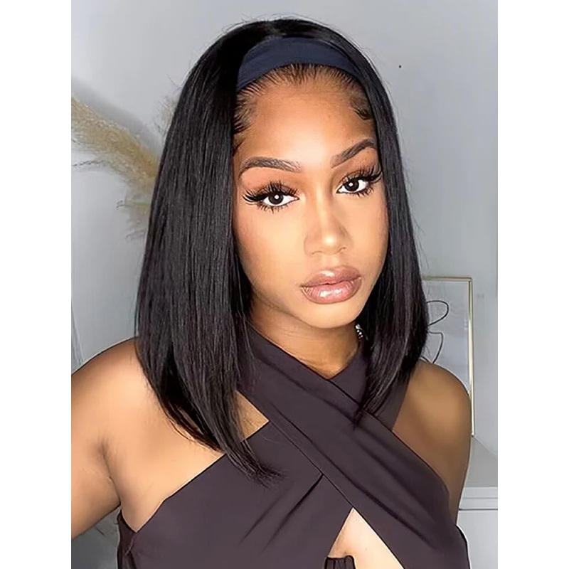 CurlyMe Headband Bob Wigs Brazilian Straight Human Hair 180% No Lace Wig 10