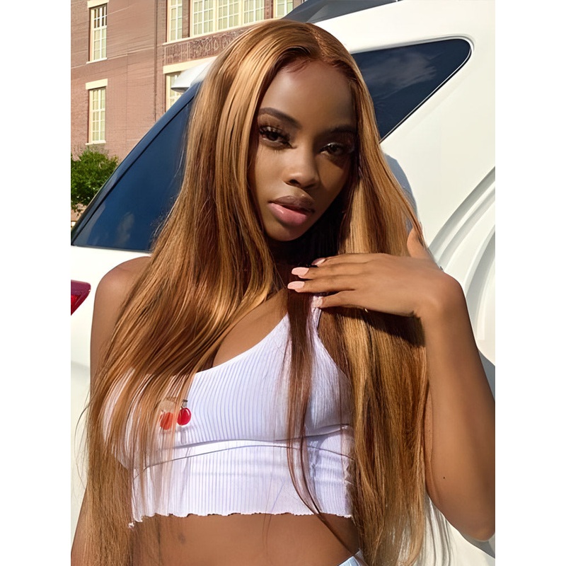 CurlyMe Highlights Ombre Human Hair Wigs Straight Hair 13×4 Lace Front Wigs Preplucked 180% 10