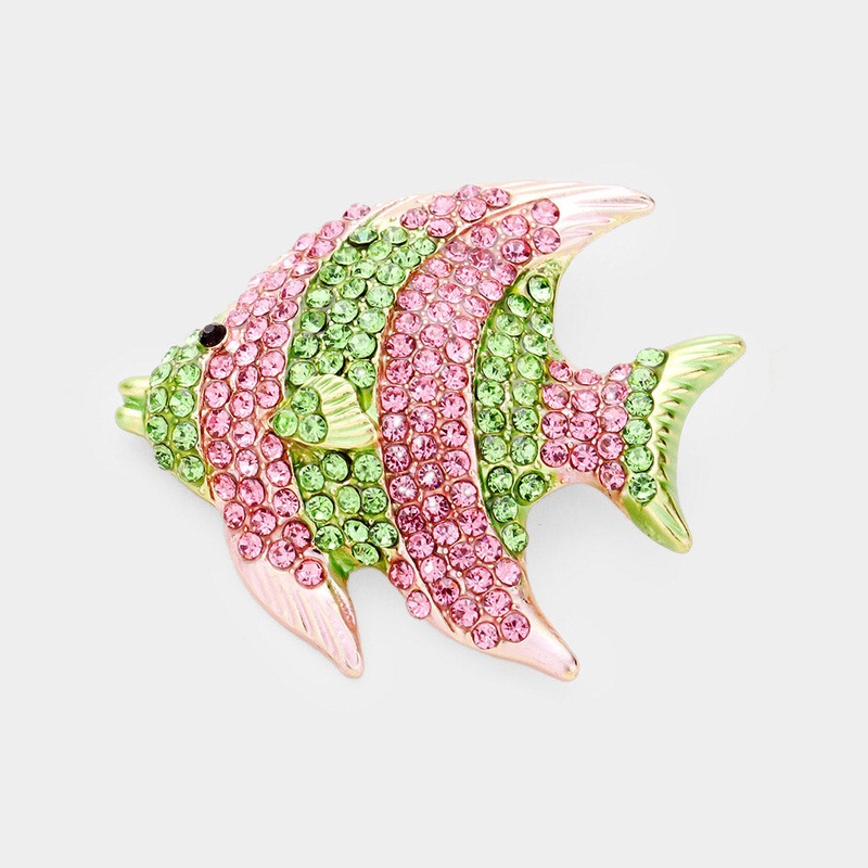 Rhinestone Pave Tropical Fish Pin Brooch Pink&Green