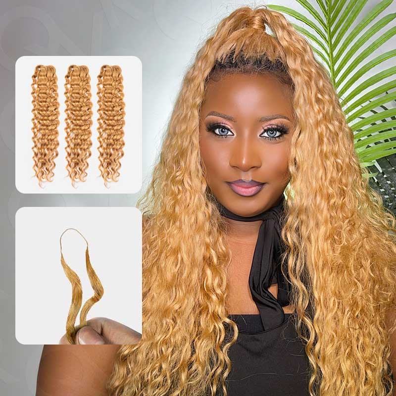 QVR #27 Water Wave Micro-Ring Loop Hair Feather Human Hair Extensions Honey Blonde #27 3 Packs (Full Head) 12”