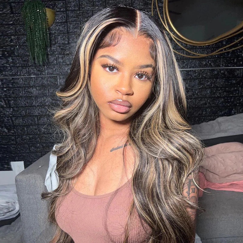 QVR Balayage Highlight Color 4×4 Transparent Lace Closure Invisible knots Pre-Plucked Body Wave Wig 16 180% 4×4 Transparent Lace