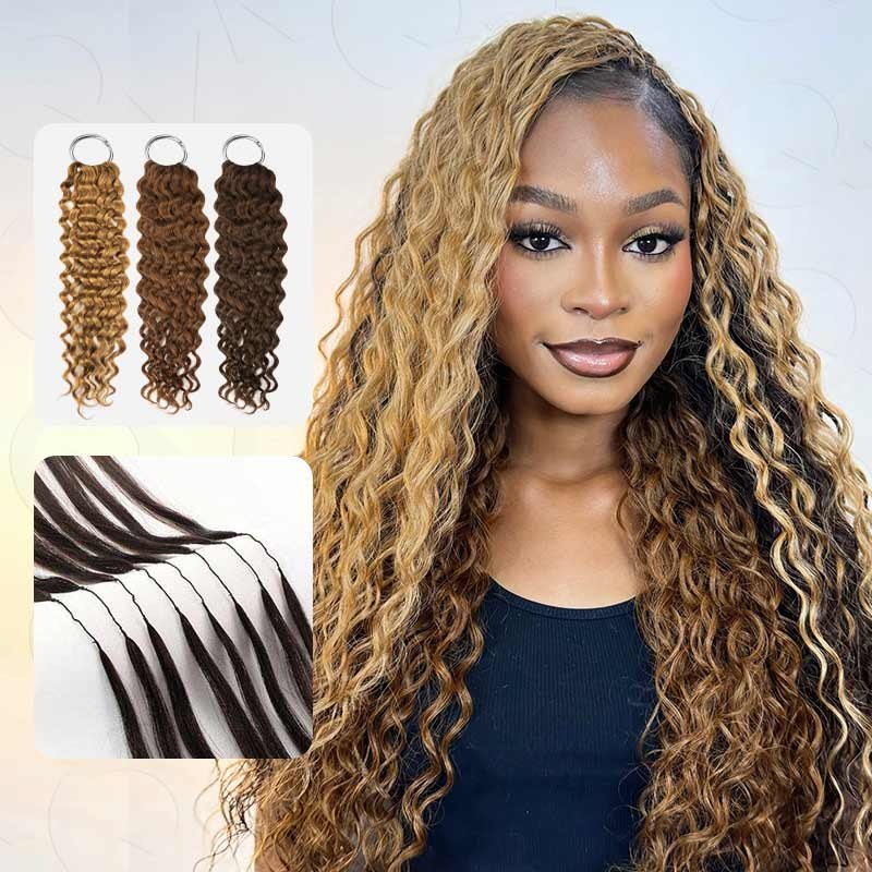 QVR Highlight Crochet Hair Water Wave #4+#30+#27 Machine Made Feather Human Hair Extension Highlight #4+#30+#27 (One Color One Pack) 14” 3 Packs (Full Head)