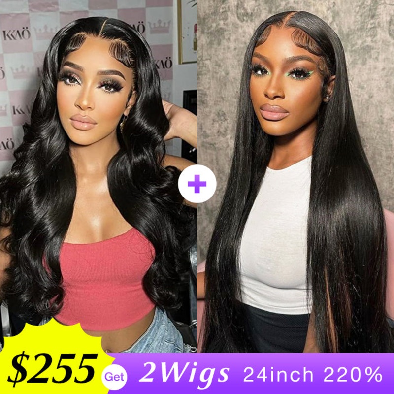 [2Wigs 220%] Body Wave & Silky Straight Super Secure 8×5 Pre-Cut HD Lace Glueless Wig Body Wave Wig – 24inch 220% – 8×5 Big Lace Parting Silky Straight Wig – 24inch 220% – 8×5 Big Lace Parting