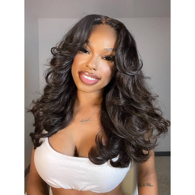 CurlyMe Layered Cut Pre-Bleached Body Wave 7×5 Pre-Cut HD Lace Wear Go Glueless Wigs 7×5 HD Lace 14