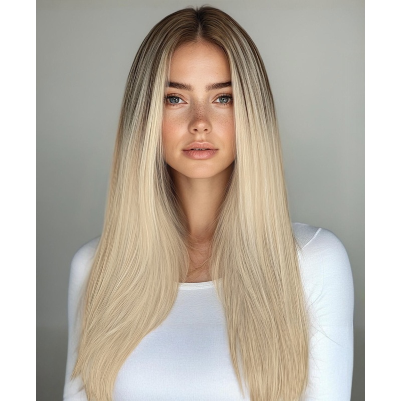 invisible clip-in hair extensions rooted blonde. 14″ Classic