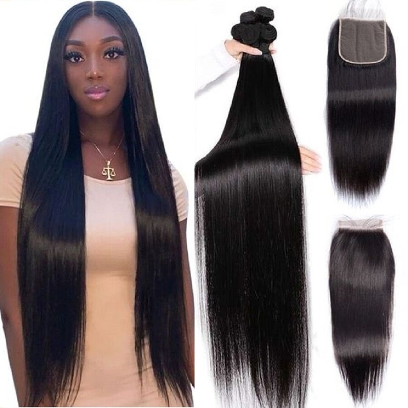 QVR Remy Human Hair Straight Hair Weave 3 Bundles With 4×4 Lace Closure 10″10″10″+10″