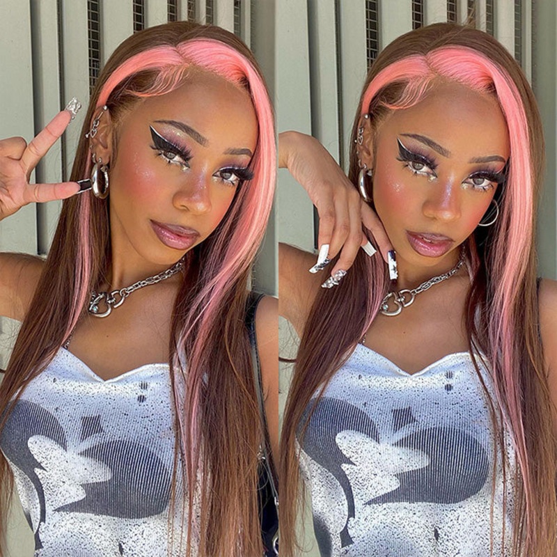 Strawberry Pink & Chocolate Skunk Stripe Color Wig Straight and Body Wave 13*4 Lace Front Wig 16 Straight 13*4 150%