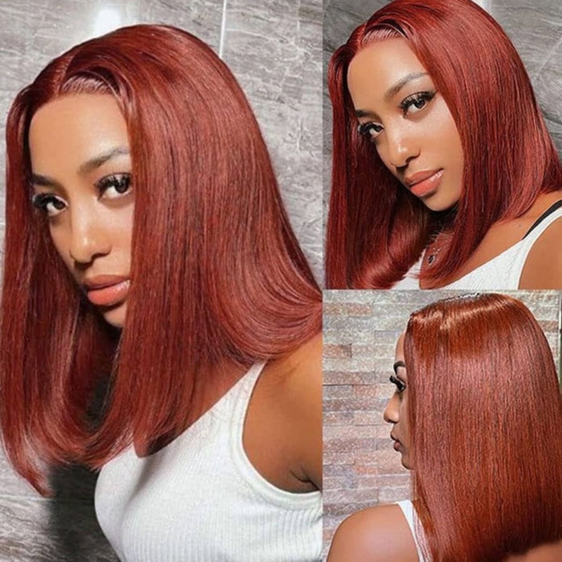 #33 Reddish Brown Color Straight Short Bob Red Brown Wig 13×4 Bob Lace Frontal Wigs 220% Density 10 13×4 Lace 220%