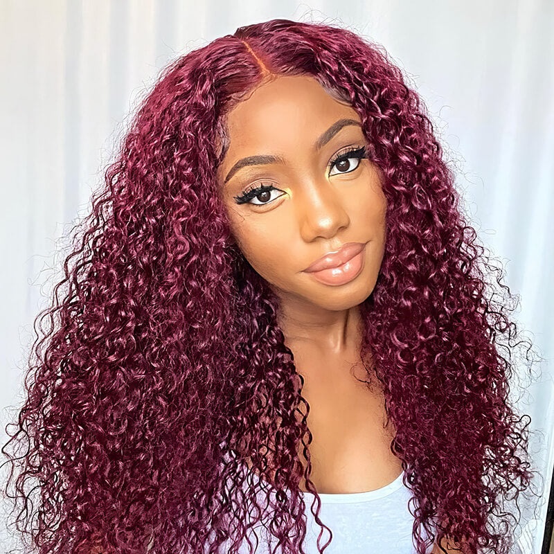 99J Burgundy Color 13×4 HD Lace Front Wigs Pre Plucked Long Curly Virgin Human Hair Wigs 16 13×4 Lace 150%