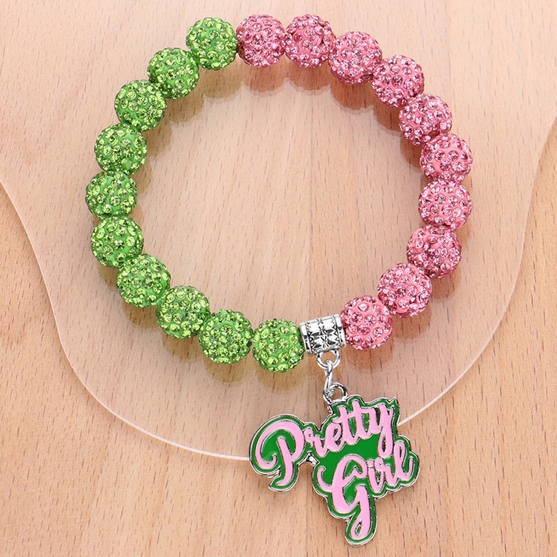 Enamel Pretty Girl Message Charm Pointed Shamballa Ball Beaded Stretch Bracelet Pink&Green
