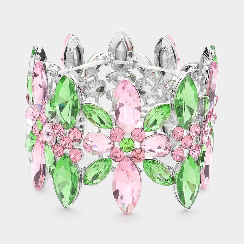 Marquise Stone Cluster Embellished Flower Stretch Evening Bracelet Pink&Green, Rhodium