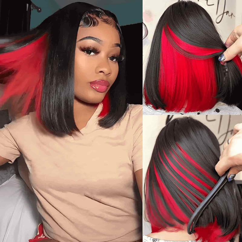 QVR Glueless 13×4 Peekaboo Highlights Red Colored Transparent Lace Human Hair Bob Wigs Peekaboo 1B/RED 5×5 Lace(Pre-cut) 10”
