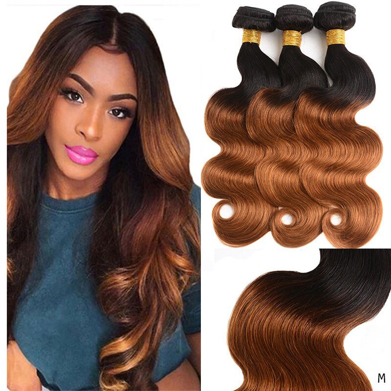 QVR Remy Human Hair 3 Bundles Ombre Brown Body Wave Hair T1B/30 10″10″10″