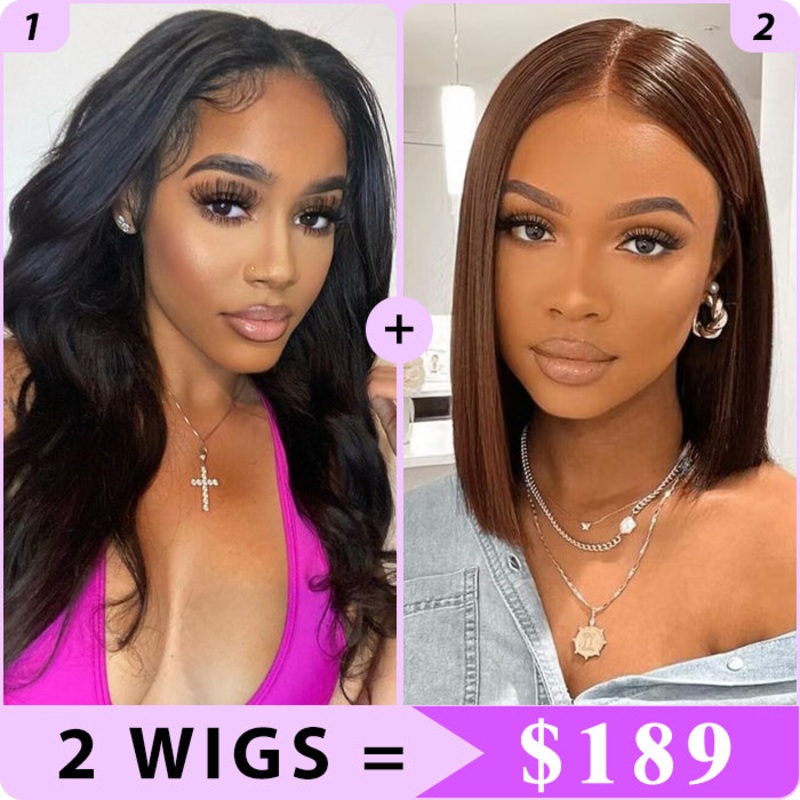 2 Wigs Set | Body Wave 13×4 HD Lace Frontal Wig & #4 Brown 5×5 HD Lace Bob Wig 20″ 13×4 HD Lace Body Wave Wig  – Natural Color 12″ 5×5 HD Lace Straight Bob Wig  – #4 Brown