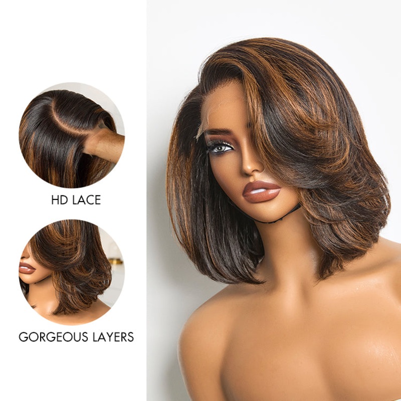 Crazy Wednesday | Trendy Brown Highlight Layered Bob Blowout Glueless 5×5 HD Lace Closure Wig 100% Human Hair Pre-Cut Lace 10 (Pre-order | 3-Day Crafting) No