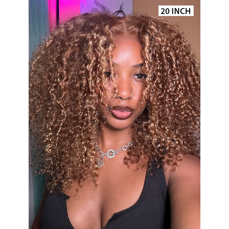 CurlyMe Wear Go Glueless Highlights Ombre Hair 7×5 Pre-cut Swiss Lace Kinky Curly Wig 180% 8(bob)